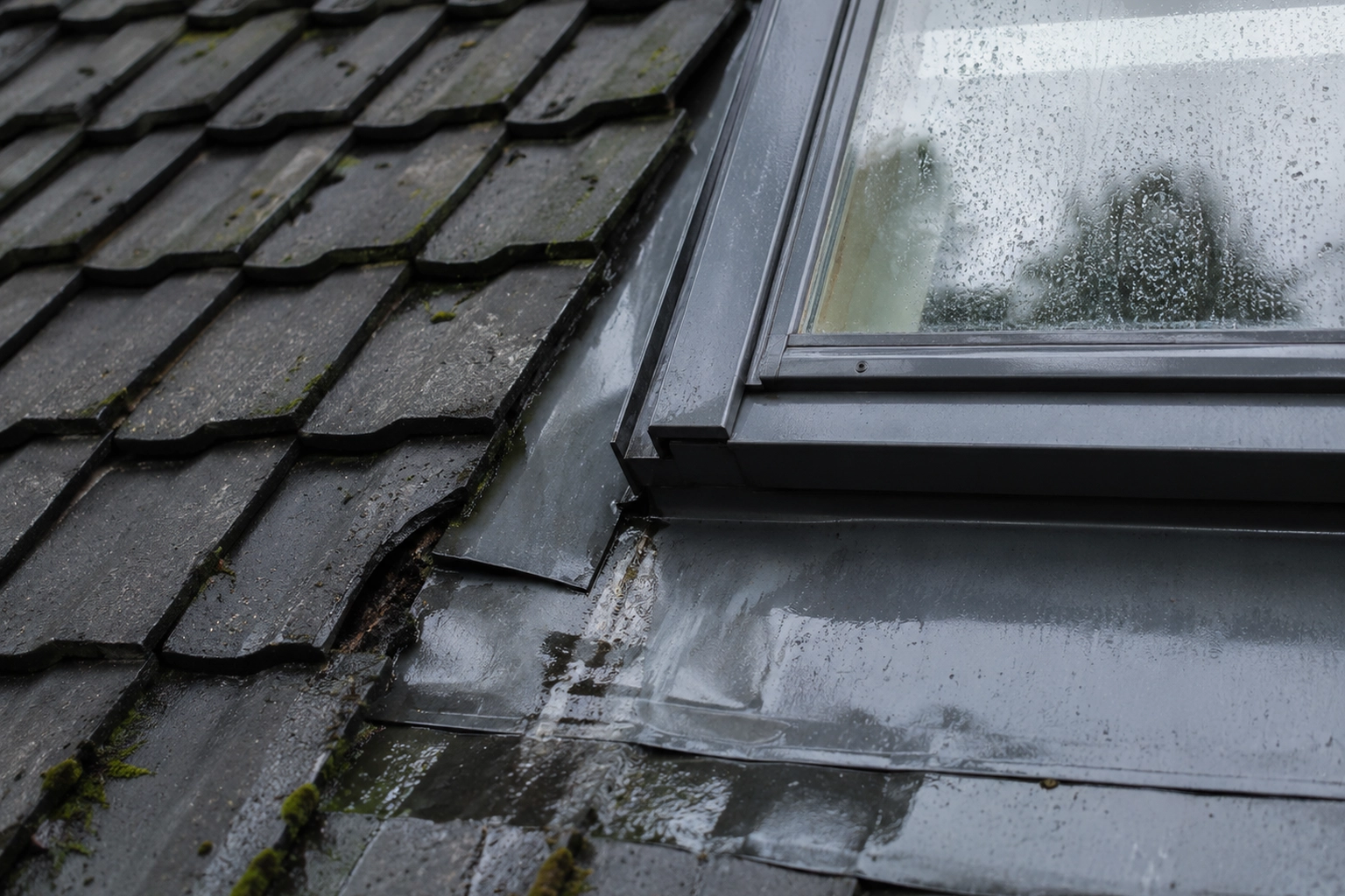 Natte aansluiting van een dakraam met loodwerk en mos tussen de dakpannen