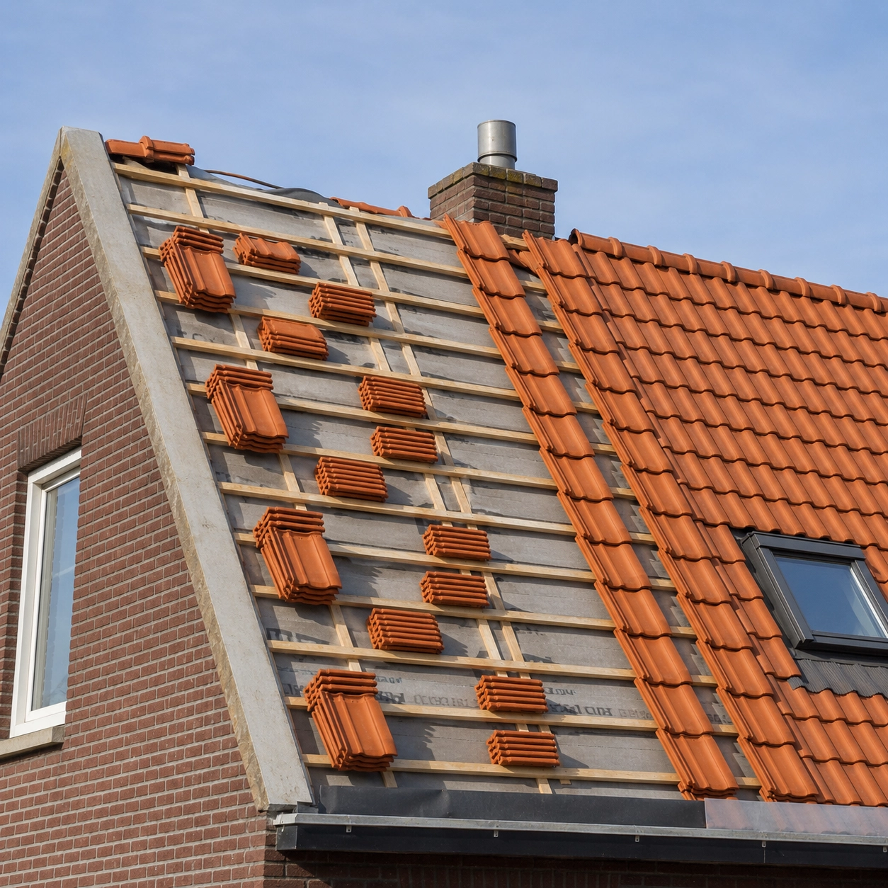 Rood pannendak met nieuwe pannen die naast oude dakpannen worden gelegd
